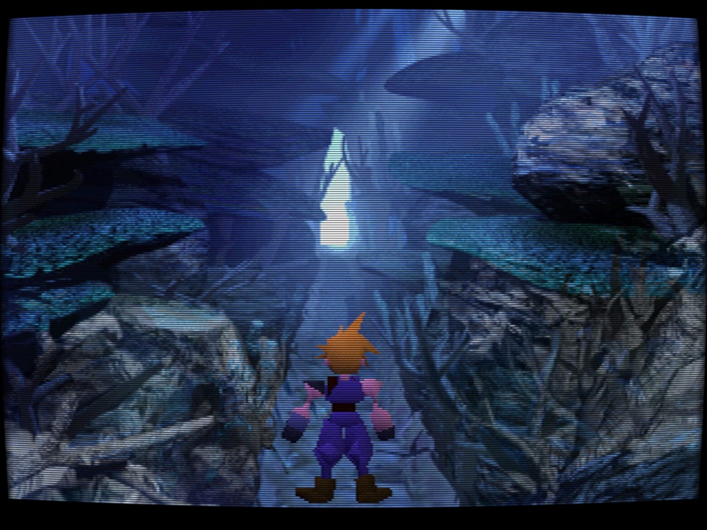 Final Fantasy 7 blocky character models on detailed 3D backgrounds